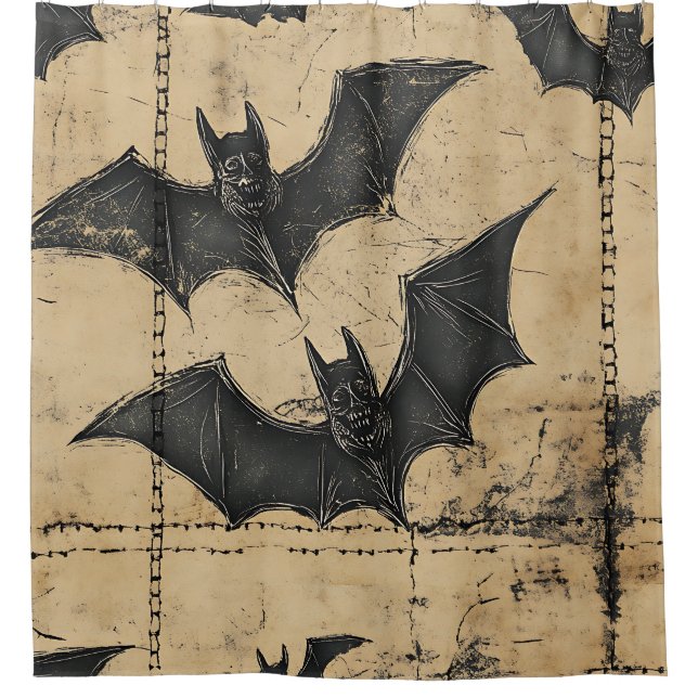 Rideaux De Douche Cream Denim Grunge Patchwork avec Chauves-souris (Devant)