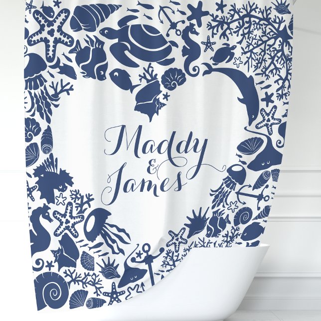 Rideaux De Douche Créatures Marines Bleu Marine Couple Monogramme en (Créateur téléchargé)