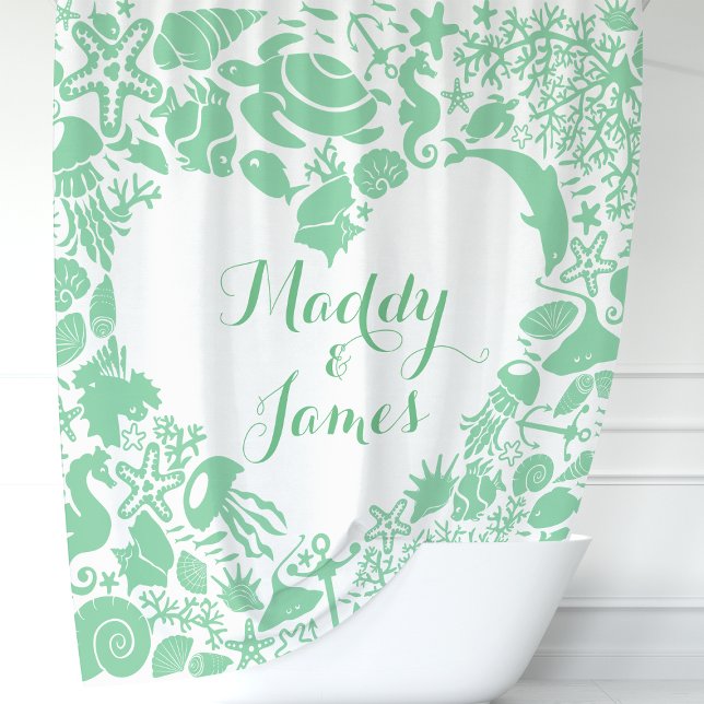Rideaux De Douche Créatures marines vert menthe Monogramme Couple Cœ (Créateur téléchargé)