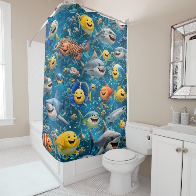 Rideaux De Douche créatures sous-marines souriantes heureuses, ridea (En situation)