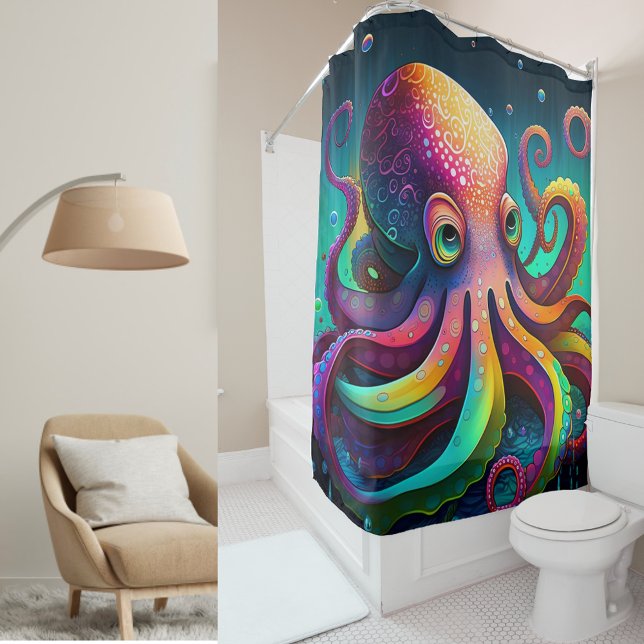 Rideaux De Douche Créez votre propre aquarelle Cute Sea Octopus Phot (Créateur téléchargé)