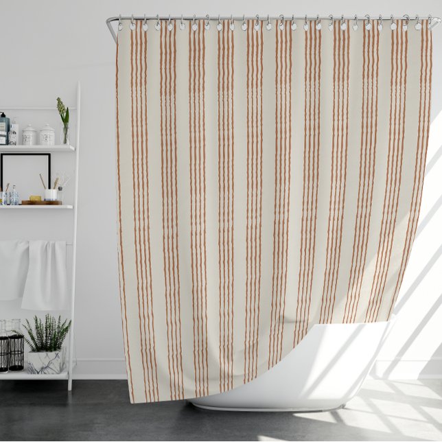 Rideaux De Douche Crème en terre cuite Moderne minimaliste Stripe Bo (Terracotta Cream Modern Minimalist Stripe Boho Shower Curtain)