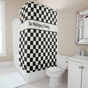 Rideaux De Douche Crème noire en gras À damiers Motif Nom personnali
