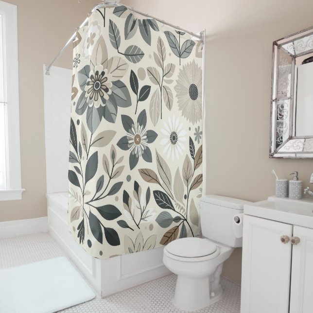 Rideaux De Douche Crème & Sage Vert Gras Moderne Motif Floral (En situation)