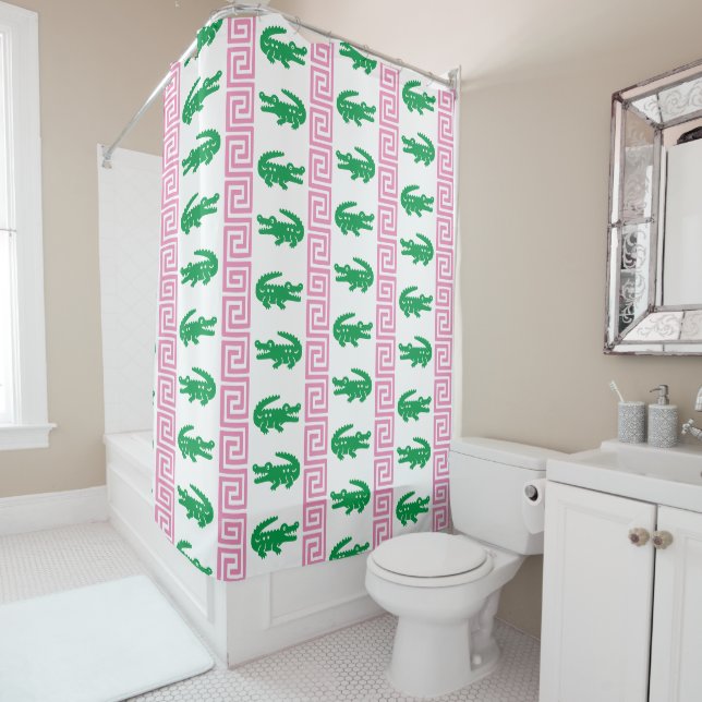 Rideaux De Douche Crocodile Prépa Rayure à Clé Grecque – Rose & Vert (En situation)