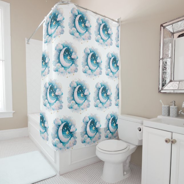 Rideaux De Douche Croissant de Lune Céleste Bleu et Blanc Bohème Mod (En situation)