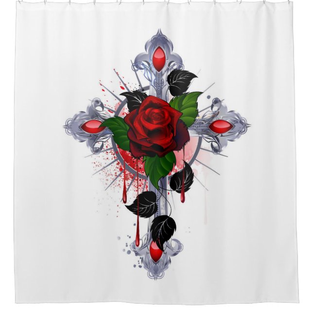 Rideaux De Douche Croix d'argent avec une rose rouge (Devant)