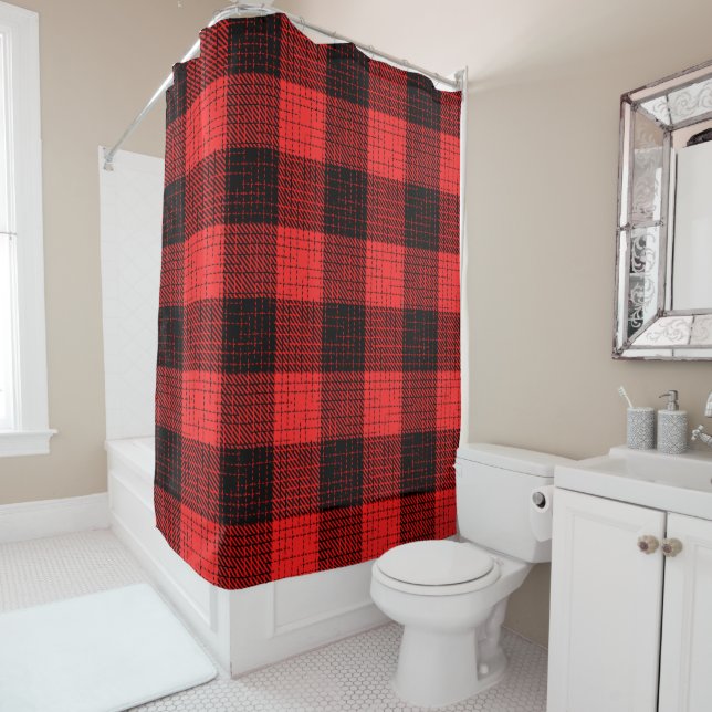 Rideaux De Douche Croix Hachurée Rouge Noir Buffalo Check (En situation)