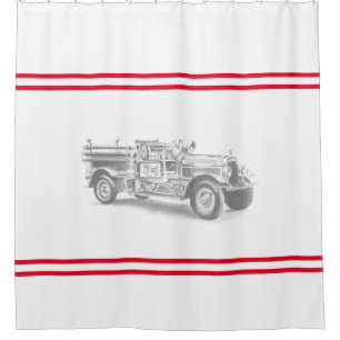 Rideaux De Douche croquis au crayon de camion de pompiers vintage de