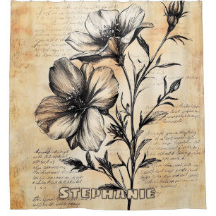 Rideaux De Douche Croquis floral rustique avec calligraphie - âge (6