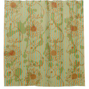 Rideaux De Douche Croquis lapin et camomille, patte vintage transpar