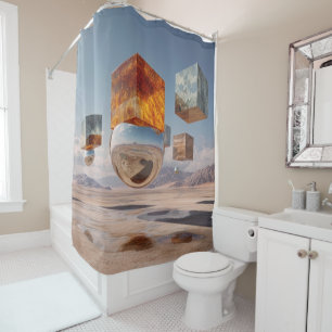 Rideaux De Douche Cubes flottants surréalistes et sphère réfléchissa