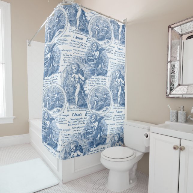 Rideaux De Douche Cupides en amour Romantique Toile de France Bleu (En situation)