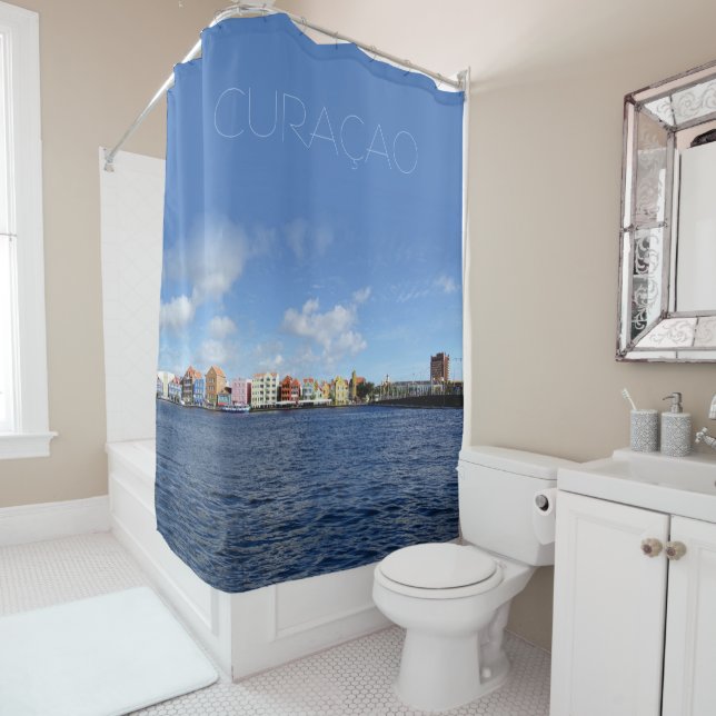 Rideaux De Douche Curaçao Skyline avec texte sortant (personnalisabl (En situation)