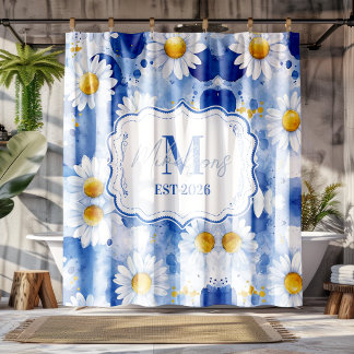 Rideaux De Douche Custom Blue Watercolor Daisy Monogram Decor