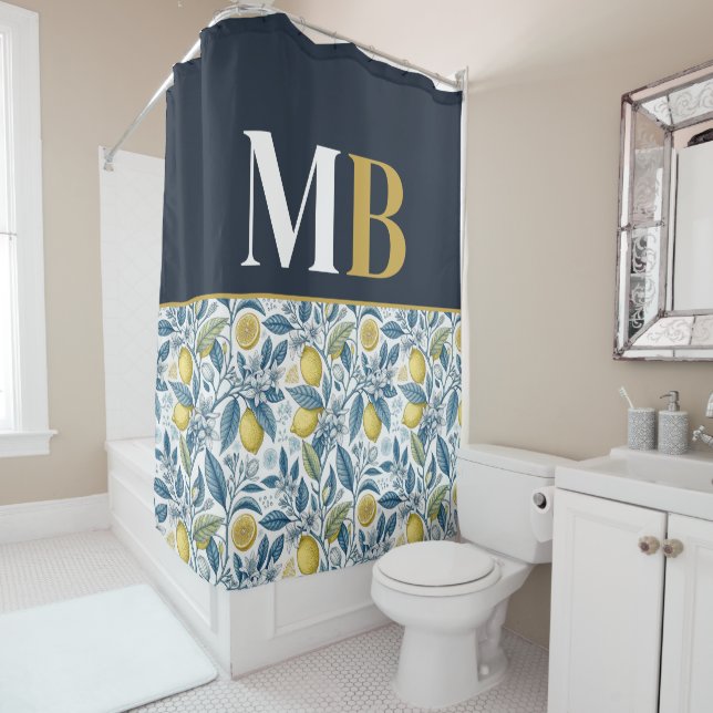 Rideaux De Douche Custom Elegant Mediterranean Lemon Botanical Navy (En situation)