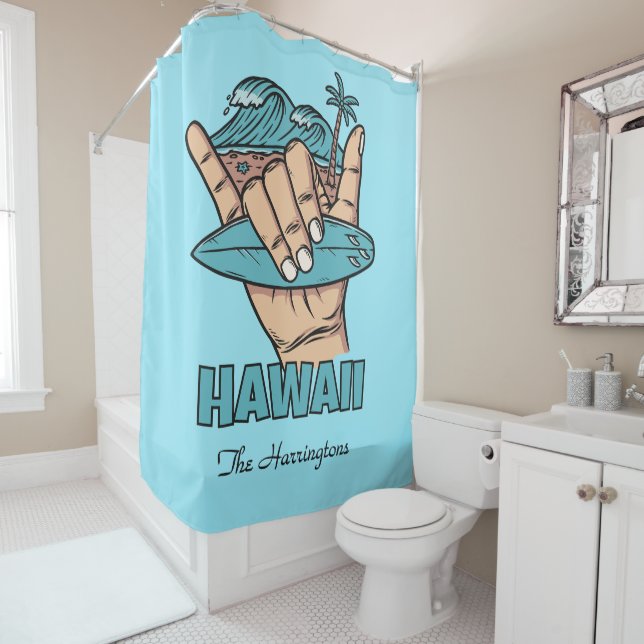 Rideaux De Douche Custom Name & Location Surf Shaka (En situation)