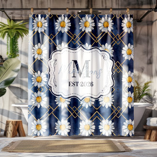Rideaux De Douche Custom Navy Daisy Gingham Monogram Decor