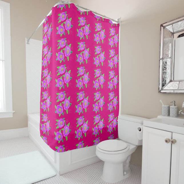 Rideaux De Douche Cutain Fleurs Rose Fuchsia (En situation)