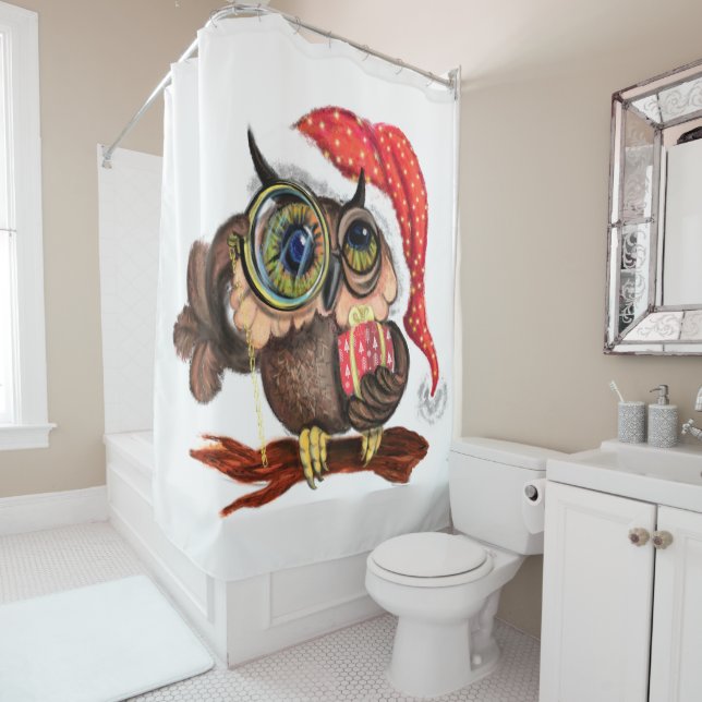 Rideaux De Douche Cute Baby Owl In Christmas Hat and Venin For You (En situation)