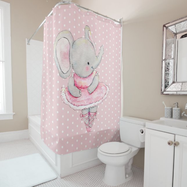 Rideaux De Douche Cute Ballerina Elephant rose Pois blancs (En situation)