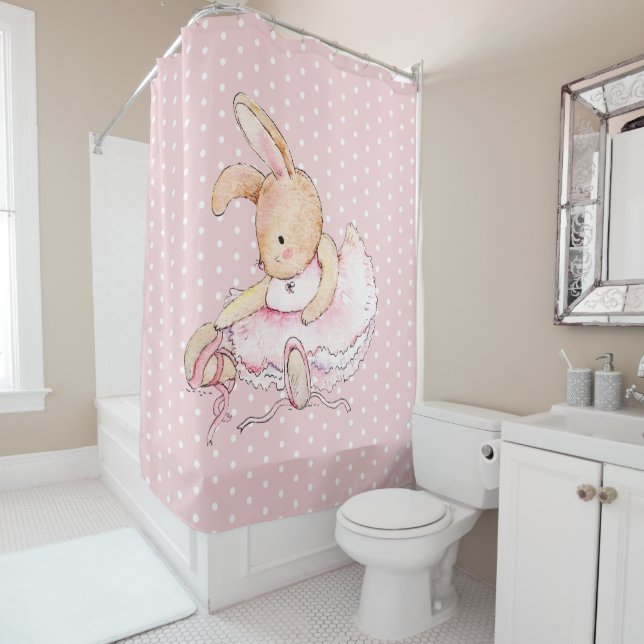 Rideaux De Douche Cute Ballerina Lapin Lapin Rose Blanc Pois (En situation)