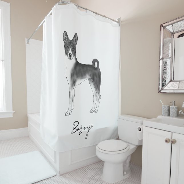 Rideaux De Douche Cute Basenji Chien En Noir Et Blanc & Texte Person (En situation)