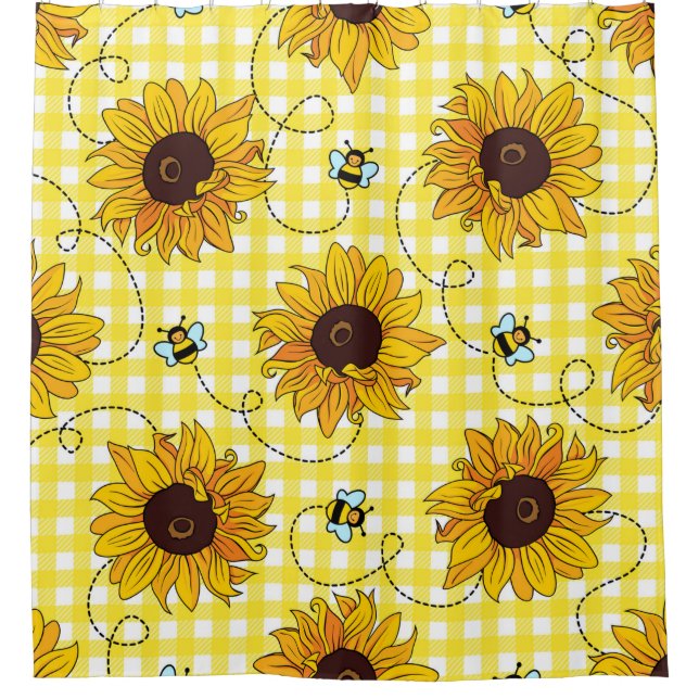 Rideaux De Douche Cute bees and sunflowers on a checkered background (Devant)