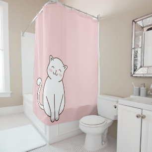 Rideaux De Douche Cute Blanc Kawaii Chat souriant sur rose