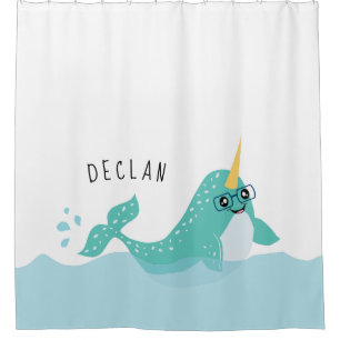 Rideaux De Douche Cute Blue Narwhal avec lunettes Enfants
