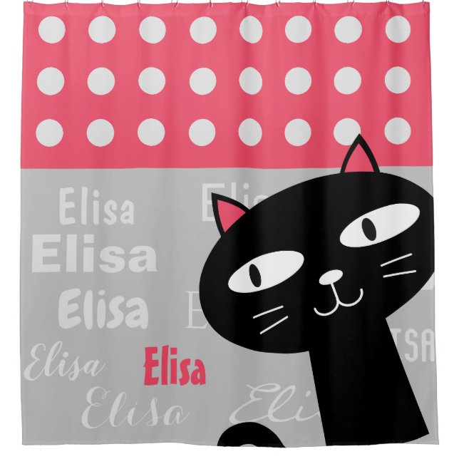 Rideaux De Douche Cute Chat Noir Pois Rose Ajouter Votre Nom (Devant)