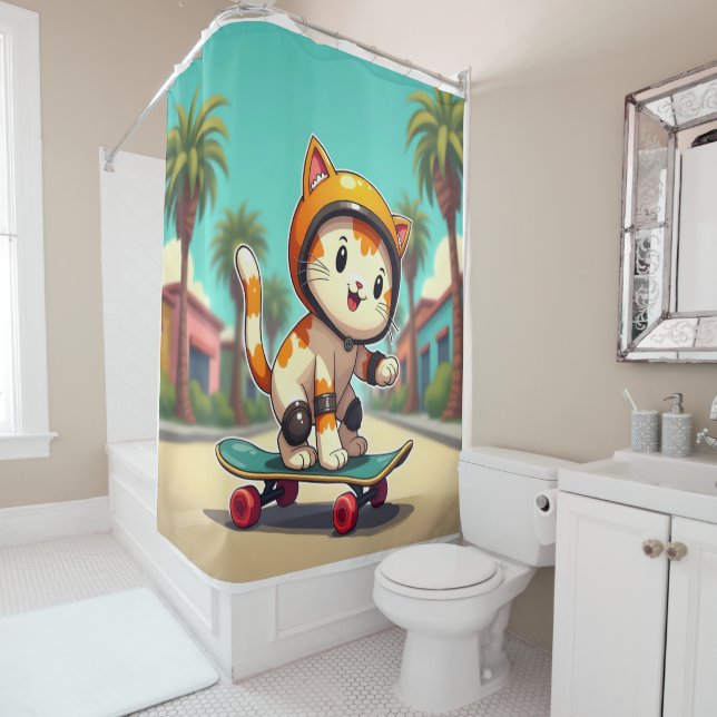 Rideaux De Douche Cute chat sur un skateboard (En situation)