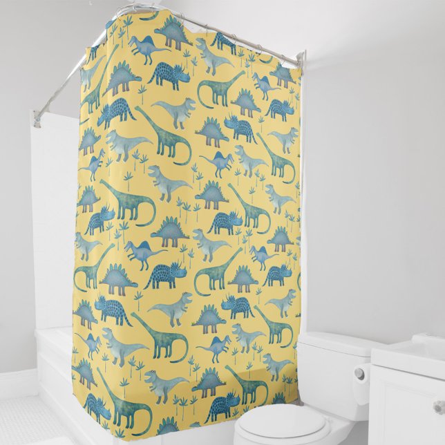 Rideaux De Douche Cute Dinosaure préhistorique Motif Jaune (Fun dinosaur pattern yellow shower curtain featuring Tyrannosaur, Diplodocus, Triceratops and more.)