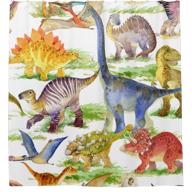 Rideaux De Douche Cute Dinosaures Aquarelle Art sans fil (Devant)