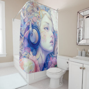 Rideaux De Douche Cute Girl with Headphone Music Oeuvre moderne