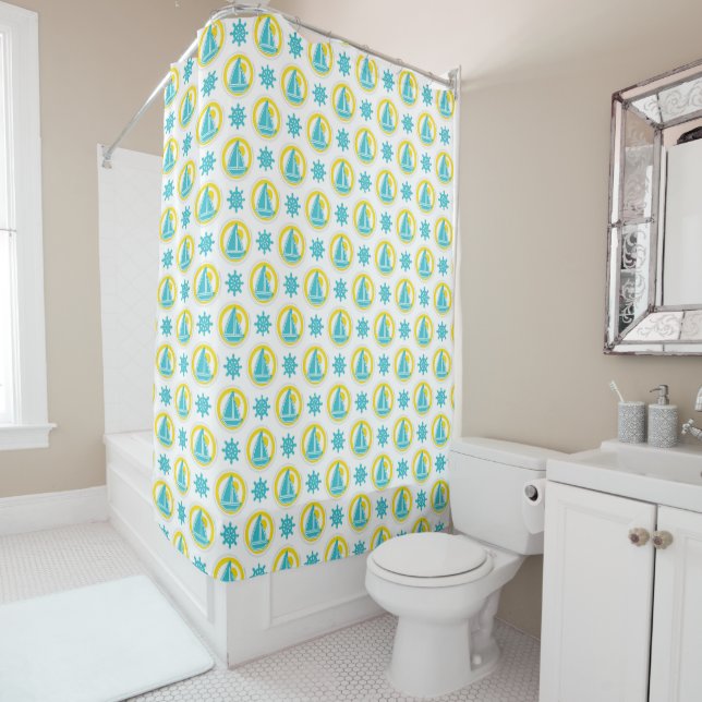 Rideaux De Douche Cute Jaune et Bleu Motif nautique (En situation)
