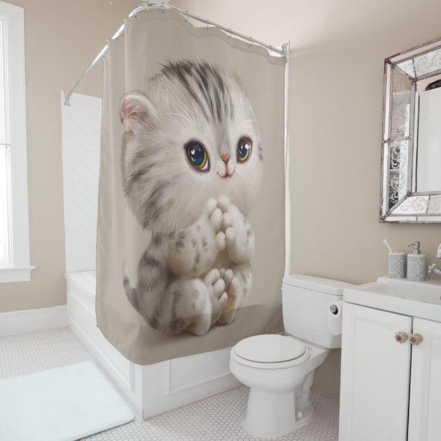 Rideaux De Douche Cute Kitten Chat Kitty Chat Aquarelle Tan (En situation)