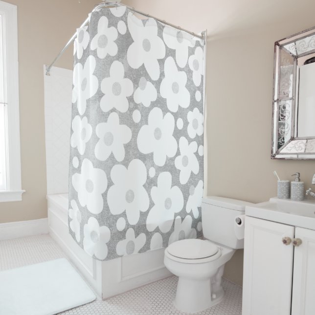 Rideaux De Douche Cute Moderne Retro Daisy Motif Gris (En situation)