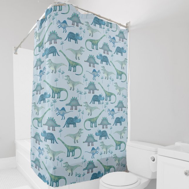 Rideaux De Douche Cute Motif de dinosaure bleu préhistorique (Fun blue dinosaur shower curtain featuring Tyrannosaur, Diplodocus, Triceratops, Spinosaur and more)