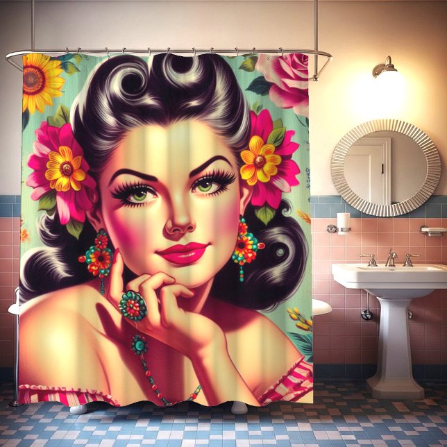 Rideaux De Douche Cute Retro Floral Pin-up Portrait (Créateur téléchargé)