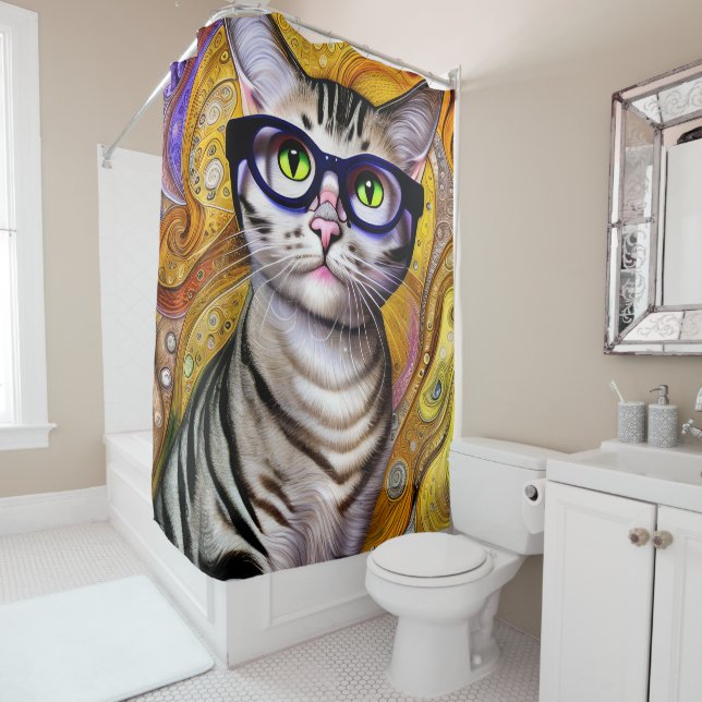 Rideaux De Douche Cute Smart Chat Porte des lunettes (En situation)
