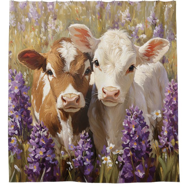 Rideaux De Douche Cute Vaches Laitières Calves Lupines Fleurs (Devant)