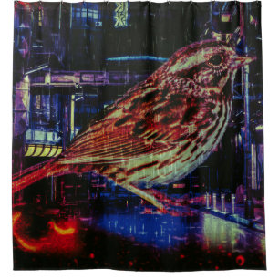 Rideaux De Douche Cyberpunk Sparrow dans Neon Cityscape