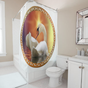 Rideaux De Douche Cygne blanc avec de l'or et le contexte orange