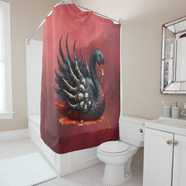 Rideaux De Douche Cygne noir d'os – Élégance gothique  (En situation)