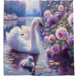 Rideaux De Douche Cygnet blanc avec Roses violets