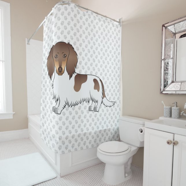 Rideaux De Douche Dachshund à poil long chocolat et tan piebalde & p (En situation)