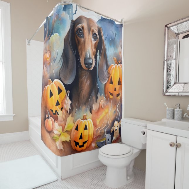 Rideaux De Douche Dachshund Halloween avec citrouilles effrayant (En situation)