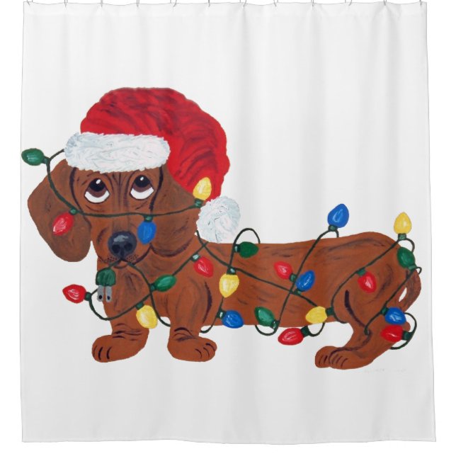 Rideaux De Douche Dachshund (rouge) emmêlé dans les guirlandes de No (Devant)