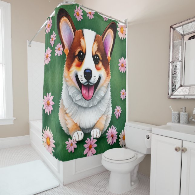 Rideaux De Douche Daisies et Corgi (En situation)